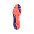 Bottom view of a coral and blue Adidas Predator soccer cleat featuring a studded outsole, embossed "PREDATOR" text, and a forefoot strap.