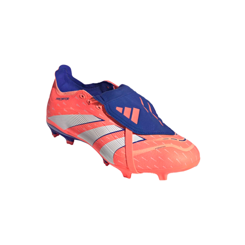 An Adidas Predator soccer cleat in bright pink and royal blue with a fold-over tongue, shown against a solid black background.