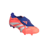 An Adidas Predator soccer cleat in bright pink and royal blue with a fold-over tongue, shown against a solid black background.