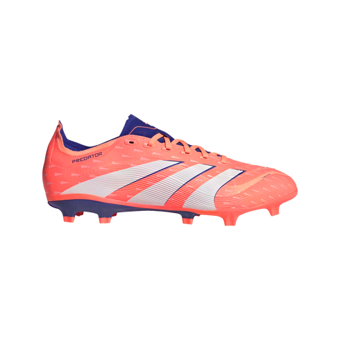 A bright coral Adidas Predator soccer cleat with three white slanted stripes and dark purple accents, viewed from the side against a solid black background.