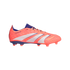 A bright coral Adidas Predator soccer cleat with three white slanted stripes and dark purple accents, viewed from the side against a solid black background.