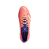 Top-down view of a bright orange Adidas Predator soccer cleat with blue accents and white stripes, set against a solid black background.