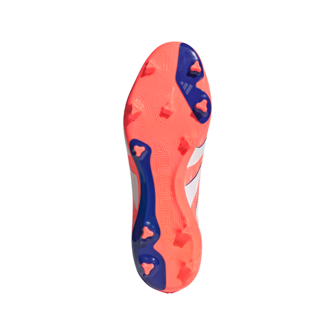 Bottom view of an orange and blue Adidas Predator soccer boot soleplate, showing its triangular stud pattern and embossed branding.