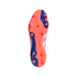 Bottom view of an orange and blue Adidas Predator soccer boot soleplate, showing its triangular stud pattern and embossed branding.