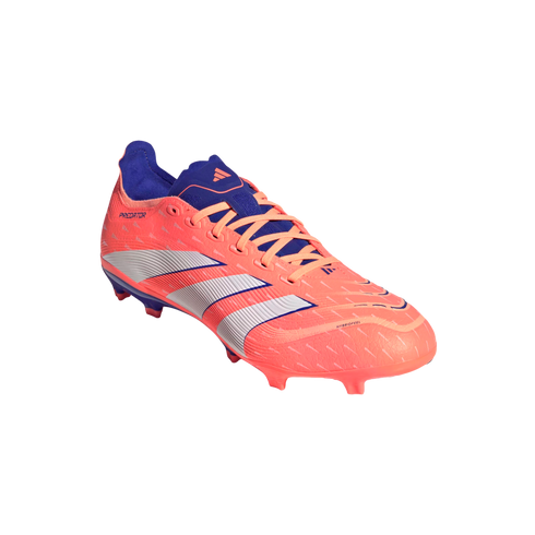 A bright orange and purple Adidas Predator soccer cleat with white stripes, isolated against a black background.