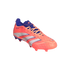 A bright orange and purple Adidas Predator soccer cleat with white stripes, isolated against a black background.