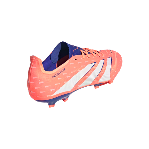 Side view of an orange Adidas Predator soccer cleat with three white stripes and blue trim, showing firm ground studs.