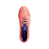 Top-down view of a coral and blue Adidas Predator soccer cleat with white stripes, centered on a solid black background.