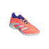 Bright orange and purple Adidas Predator turf soccer shoe with white stripes, shown from a side angle against a black background.