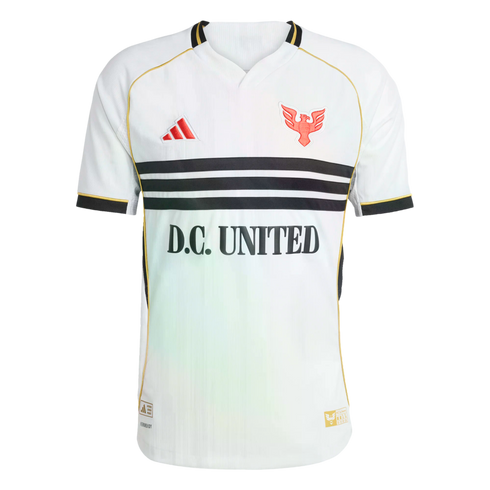 A white Adidas D.C. United soccer jersey featuring three horizontal black stripes across the chest, red logos, and gold trim accents.