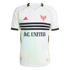 A white Adidas D.C. United soccer jersey featuring three horizontal black stripes across the chest, red logos, and gold trim accents.