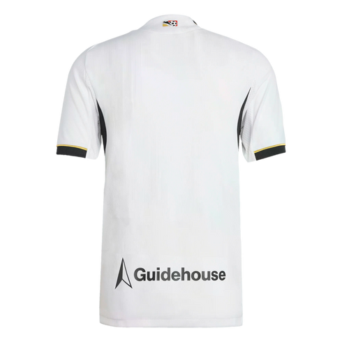 Back view of a white short-sleeved sports jersey with black and gold sleeve trim and a large "Guidehouse" logo printed near the bottom hem.