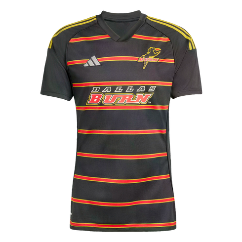 Black Adidas soccer jersey with thin red and yellow horizontal stripes, featuring the vintage Dallas Burn logo and text across the chest.