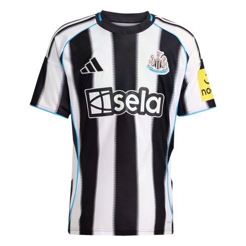 Newcastle United FC home jersey by Adidas featuring black and white vertical stripes, light blue trim, and the Sela sponsorship logo.