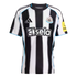 Newcastle United FC home jersey by Adidas featuring black and white vertical stripes, light blue trim, and the Sela sponsorship logo.