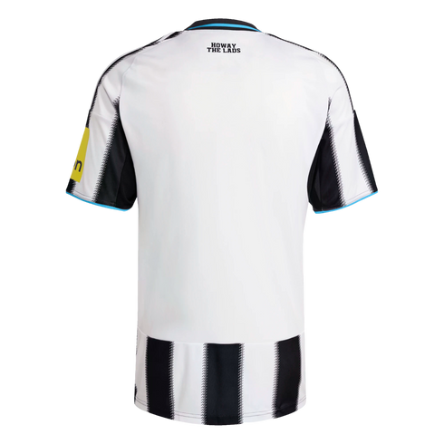 Rear view of a white short-sleeved sports jersey with black stripes on the sleeves and lower back, featuring "HOWAY THE LADS" text below the blue-trimmed collar.