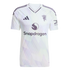 White Manchester United jersey with a subtle light purple geometric pattern, featuring the Adidas logo, club crest, and Snapdragon sponsor.