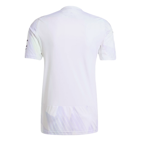 Back view of a white short-sleeved jersey with light purple geometric accents on the sleeves and lower hem, against a solid black background.
