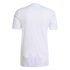 Back view of a white short-sleeved jersey with light purple geometric accents on the sleeves and lower hem, against a solid black background.