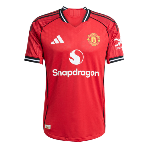 Red Manchester United 2024-25 home jersey with white Snapdragon sponsor logo, club crest, and Adidas logo. Features black and white trim on the neck and sleeves.