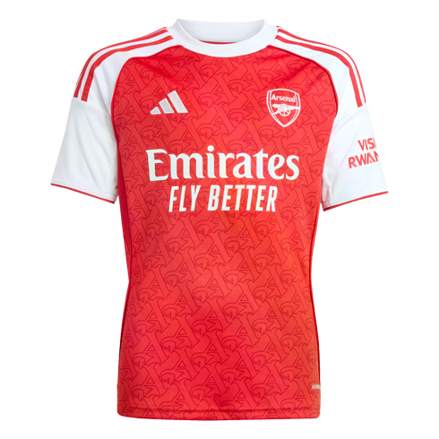 Red and white Arsenal 2024-25 home football shirt featuring a patterned red torso, white sleeves, the club crest, Adidas logo, and Emirates sponsor.