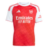 Red and white Arsenal 2024-25 home football shirt featuring a patterned red torso, white sleeves, the club crest, Adidas logo, and Emirates sponsor.