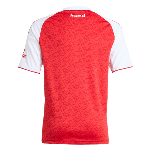 Rear of a red and white Arsenal jersey with a tonal monogram pattern and the word "Arsenal" in white script on the upper back.