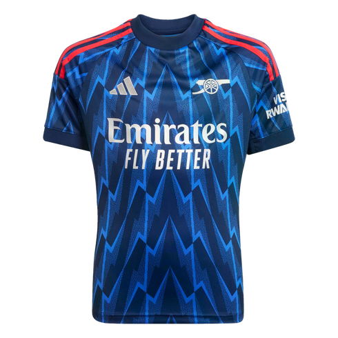 An Arsenal FC football jersey featuring a blue lightning bolt pattern, red shoulder stripes, and white sponsor logos.