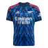 An Arsenal FC football jersey featuring a blue lightning bolt pattern, red shoulder stripes, and white sponsor logos.