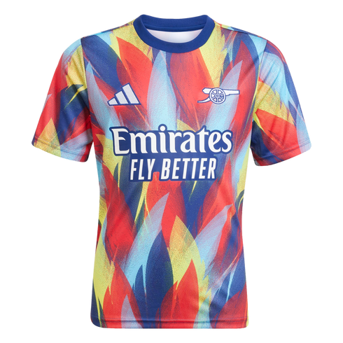 Vibrant Arsenal soccer jersey with a red, blue, and yellow abstract feather pattern. Features the Adidas logo, team crest, and "Emirates FLY BETTER" sponsor.