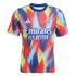 Vibrant Arsenal soccer jersey with a red, blue, and yellow abstract feather pattern. Features the Adidas logo, team crest, and "Emirates FLY BETTER" sponsor.