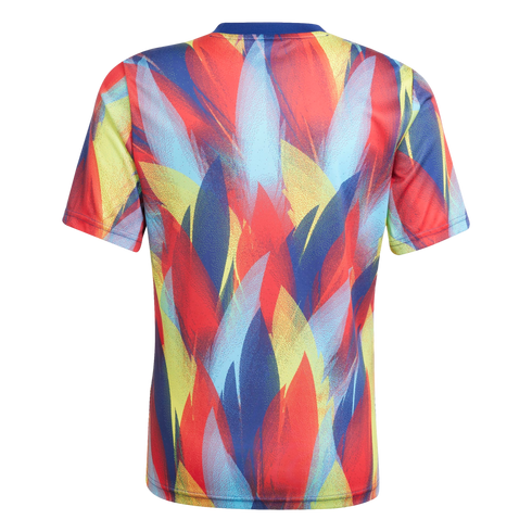 Back view of a short-sleeved shirt featuring a vibrant, abstract, flame-like pattern in red, blue, and yellow.