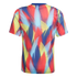 Back view of a short-sleeved shirt featuring a vibrant, abstract, flame-like pattern in red, blue, and yellow.