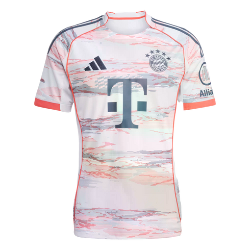White Bayern Munich soccer jersey with a faint multicolored pattern, a large navy "T" logo, club and Adidas crests, and orange-red trim.
