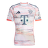 White Bayern Munich soccer jersey with a faint multicolored pattern, a large navy "T" logo, club and Adidas crests, and orange-red trim.