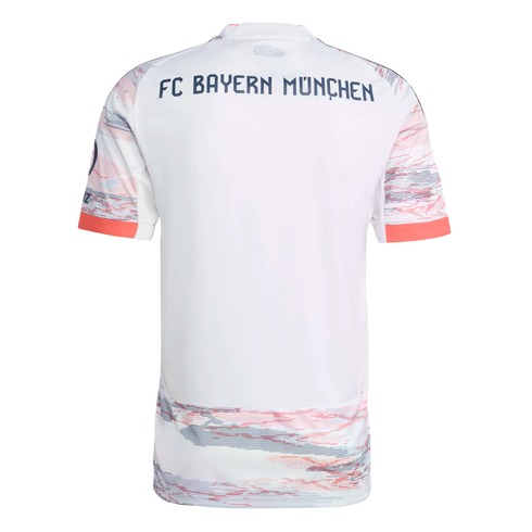 Back of a white FC Bayern München jersey with orange and gray patterns on sleeves and hem.