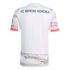 Back of a white FC Bayern München jersey with orange and gray patterns on sleeves and hem.
