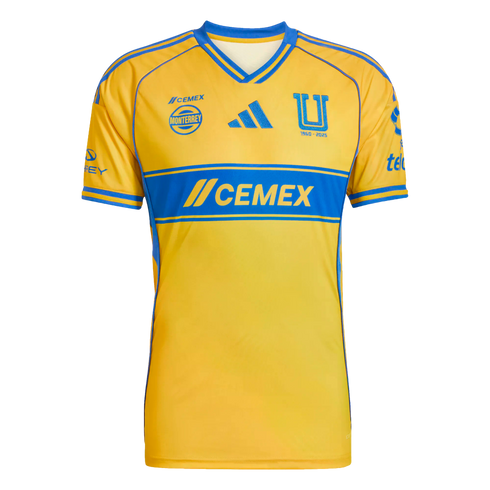 Tigres UANL yellow home jersey with a blue chest band featuring the CEMEX logo, blue Adidas logo, and club crests. The jersey has a blue V-neck and sleeve trim.