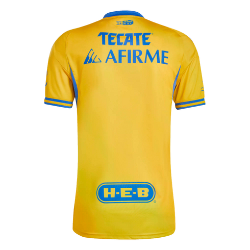 The back view of a yellow Tigres UANL soccer jersey featuring blue trim and sponsor logos for Tecate, Afirme, and H-E-B.