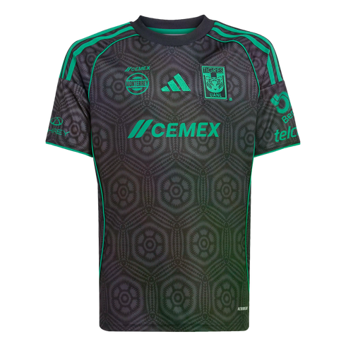 Dark grey Tigres UANL soccer jersey with bright green accents and an intricate geometric pattern. Features Adidas, CEMEX, and team logos.