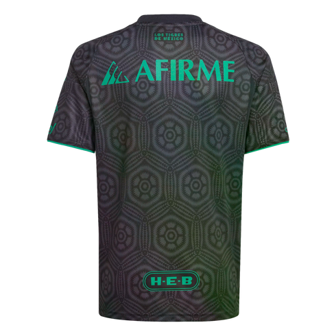 Back of a dark grey soccer jersey with a subtle hexagonal pattern. It features bright teal logos for AFIRME and H-E-B, and text reading "LOS TIGRES DE MÉXICO" at the top.