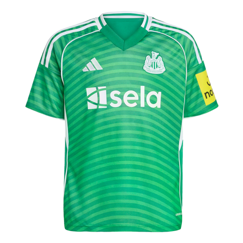 A green striped Newcastle United goalkeeper jersey with white club crest, Adidas logo, and sela sponsor.