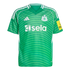 A green striped Newcastle United goalkeeper jersey with white club crest, Adidas logo, and sela sponsor.