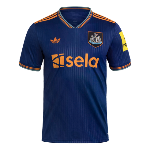 Navy blue Newcastle United Adidas soccer jersey with thin vertical stripes and orange accents including the team crest and "sela" sponsor logo.