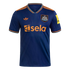 Navy blue Newcastle United Adidas soccer jersey with thin vertical stripes and orange accents including the team crest and "sela" sponsor logo.