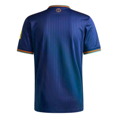 Rear view of a navy blue pinstriped soccer jersey featuring orange and teal accents on the collar and sleeve cuffs.