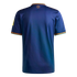 Rear view of a navy blue pinstriped soccer jersey featuring orange and teal accents on the collar and sleeve cuffs.