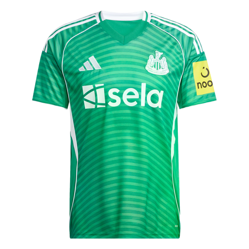 A green Adidas Newcastle United goalkeeper jersey with subtle horizontal stripes, white logos for Sela and the club crest, and a yellow "noon" sponsor patch on the sleeve.