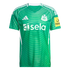 A green Adidas Newcastle United goalkeeper jersey with subtle horizontal stripes, white logos for Sela and the club crest, and a yellow "noon" sponsor patch on the sleeve.