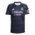 A navy Real Madrid soccer jersey with white Adidas and club logos, "Emirates FLY BETTER" sponsor, and lime green piping accents.